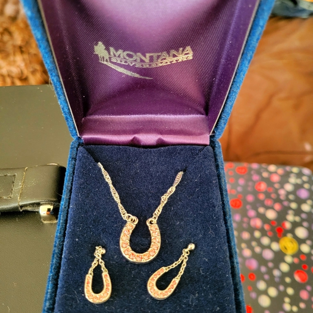 Pink horseshoe necklace and earrings